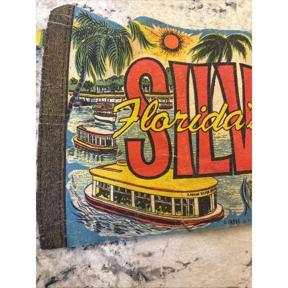 Vintage Green Felt Silver Springs Florida Neon Boat Ride Ocala Pennant Flag